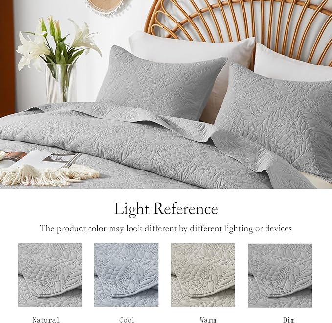 FLYMME Quilt King Size, Lightweight Light Gray Bedspreads, Vintage Olive Leaf - Image 5