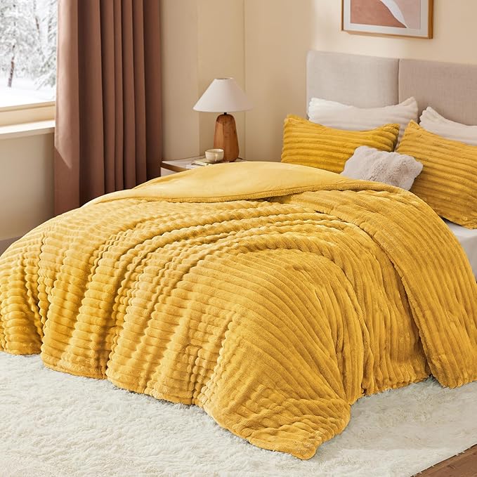BEDELITE Fleece Queen Comforter Set -Super Soft & Warm Fluffy Mustard Yellow - Image 2