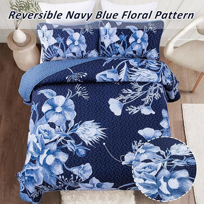 Floral Quilt Set King 3 Pieces Navy Blue Floral Quilt Coverlet Set Soft - Image 3