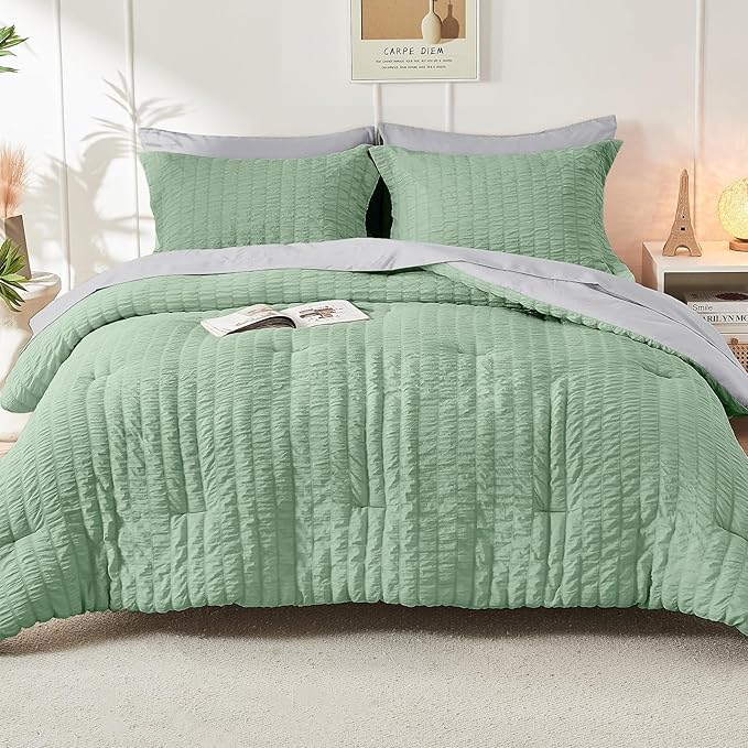 HYMOKEGE Sage Green/Light Grey King Size Comforter Set Seersucker 7 Pieces - Image 9