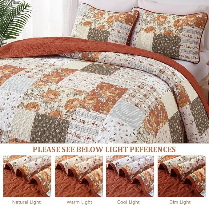 Patchwork Quilts Set King Size 3 Pieces Terracotta Plaid Bedspread Coverlet Set - Image 8
