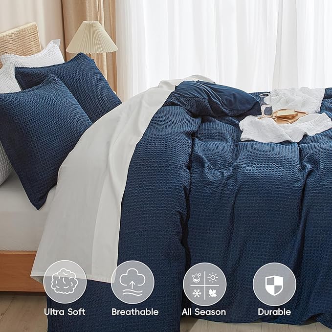 PHF Waffle Weave Duvet Cover Set Queen Size, No Snagging Ultra Soft Luxury - Image 4