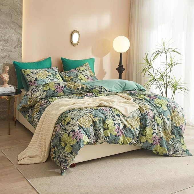 mixinni 100% Cotton Tropical Botanical Green Leaves Duvet Cover Queen Tree - Image 2