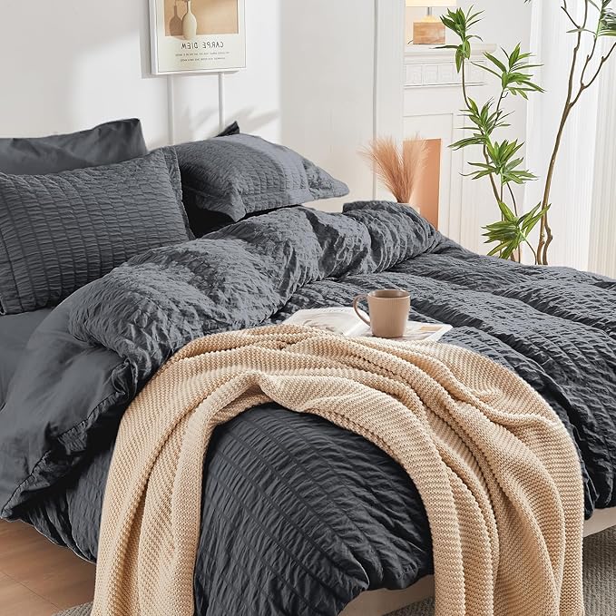 HYMOKEGE Dark Grey Duvet Cover Full Size, Ultra Soft 3-Piece Seersucker Duvet - Image 7