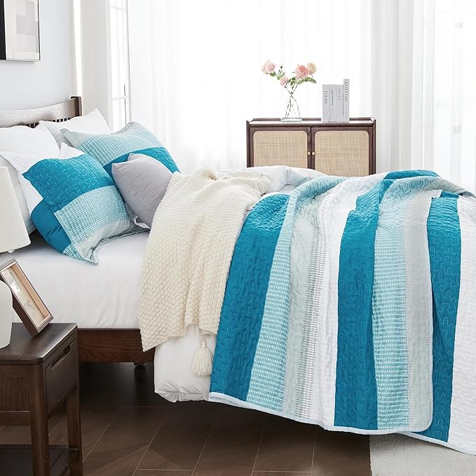 Andency Teal and White Striped Quilt King, 3 Pieces Patchwork Bedspread - Image 2