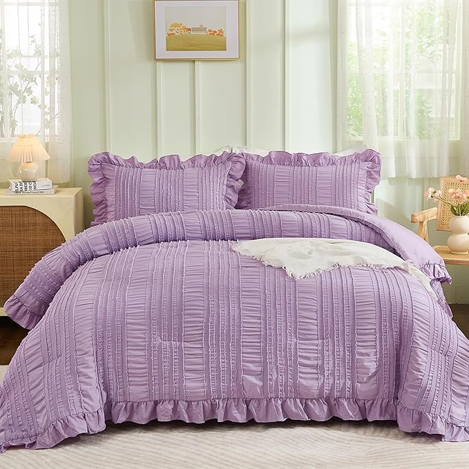 WONGS BEDDING Purple Comforter Set Queen, 3 Pieces Ruffle Farmhouse Shabby Chic - Image 4