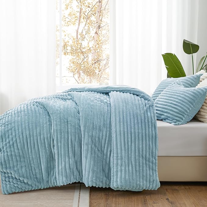 BEDELITE Fleece King Comforter Set -Super Soft & Warm Fluffy Light Blue Bedding - Image 2