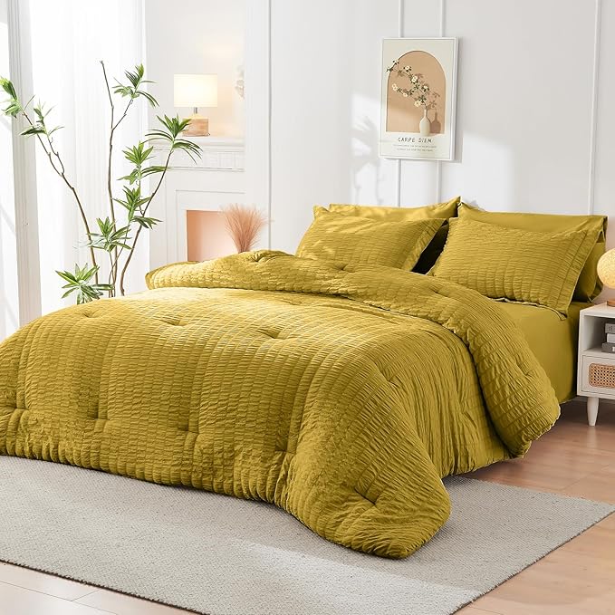 HYMOKEGE Mustard Yellow Twin Comforter Set Seersucker 5 Pieces, All Season - Image 8