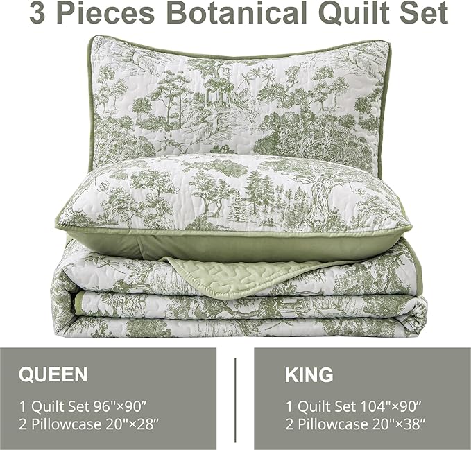 WONGS BEDDING Botanical Quilt Set Queen Size, Sage Green 3 Pieces Toile Floral - Image 6
