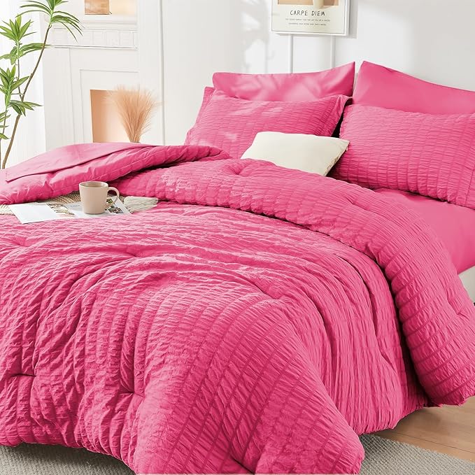 HYMOKEGE Hot Pink California King Comforter Set Seersucker 7 Pieces, All Season by HYMOKEGE