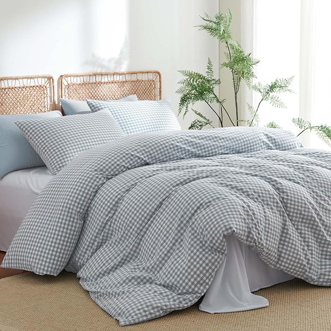 Nayoroom Gingham Duvet Cover King Size 100% Washed Cotton Blue Plaid Checkered - Image 2