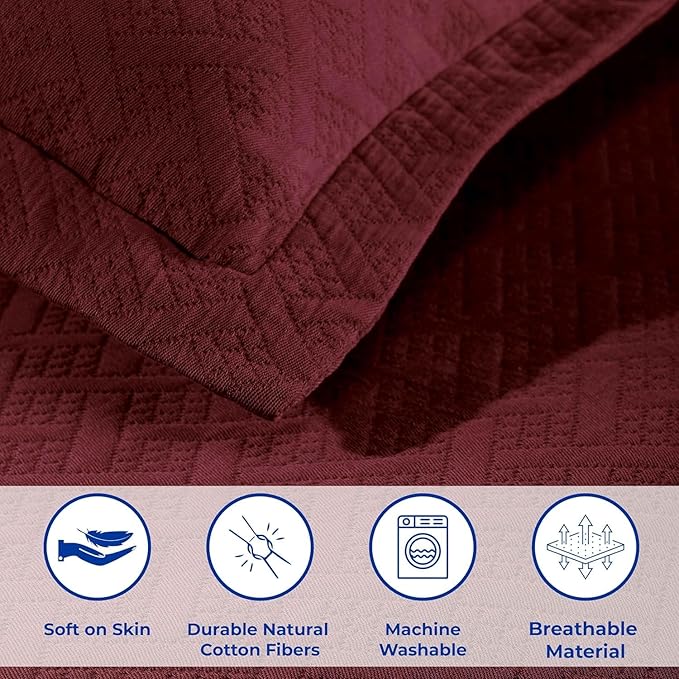 Superior 3 Piece Basketweave Cotton Bedspread Set, Home Bed Decor, Decorative Bed Spread, 2 Pillow Shams, Medium Weight Blanket, Matelasse Coverlet Bedding, Geometric Lattice Pattern, King, Garnet