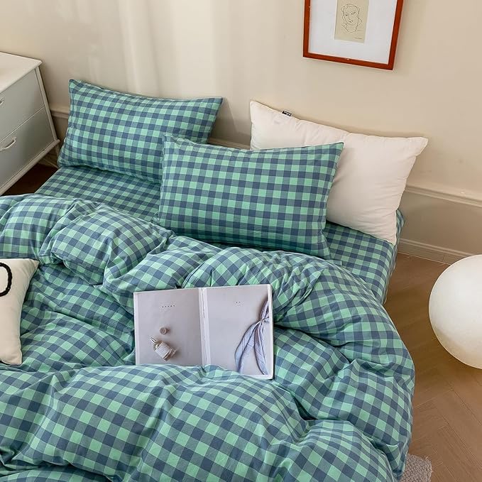 mixinni Green Gingham Grid Duvet Cover Queen, 100% Washed Cotton Modern - Image 4
