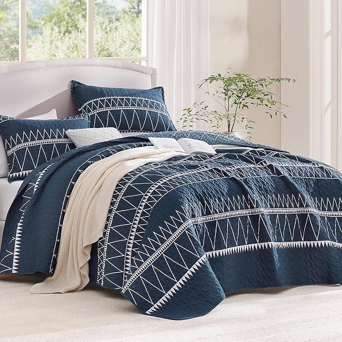 Andency Navy Oversized King Quilt Set, 3 Pieces Boho Lightweight Soft Striped - Image 2