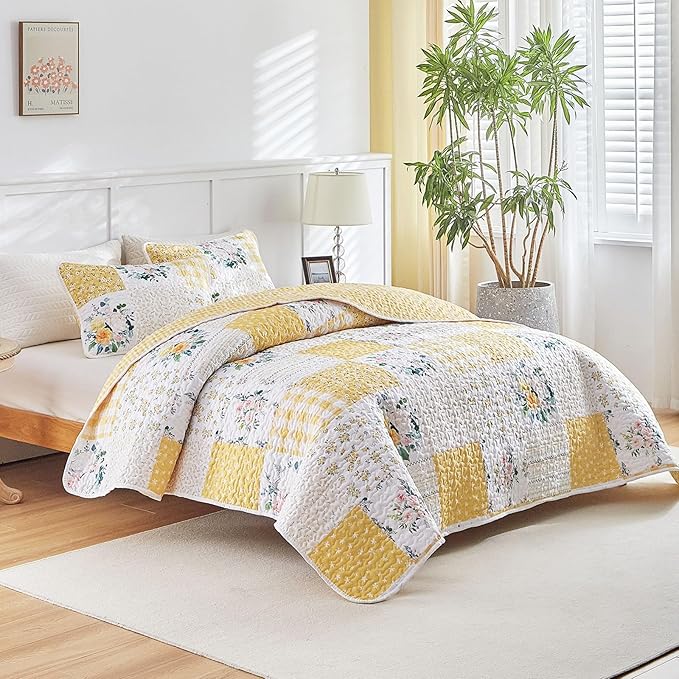 Joyreap 3 Pieces Patchwork Quilt Set California King, 102x114 inches- Yellow n - Image 2