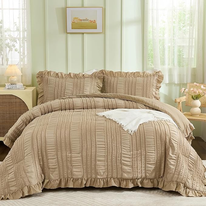 WONGS BEDDING Khaki Comforter Set King, 3 Pieces Ruffle Farmhouse Shabby Chic - Image 4