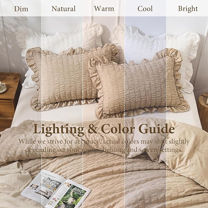 JOLLYVOGUE King Size Comforter Set, 3 Pieces Khaki Seersucker Comforters King - Image 8