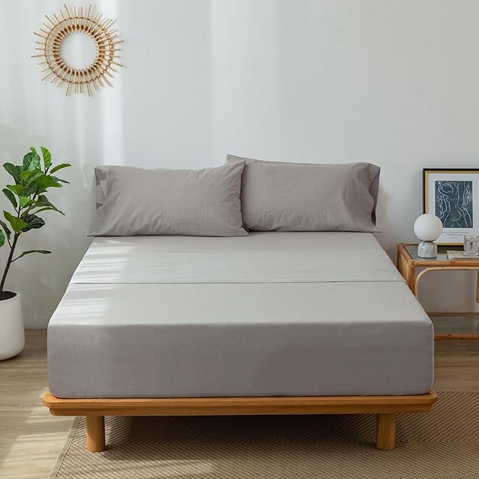 MooMee Fitted Bottom Sheet Only 100% Washed Cotton Linen Like Textured Breathable Durable Soft Comfy Deep Pocket Fits Mattress up to 17" (Natural Linen, Twin)