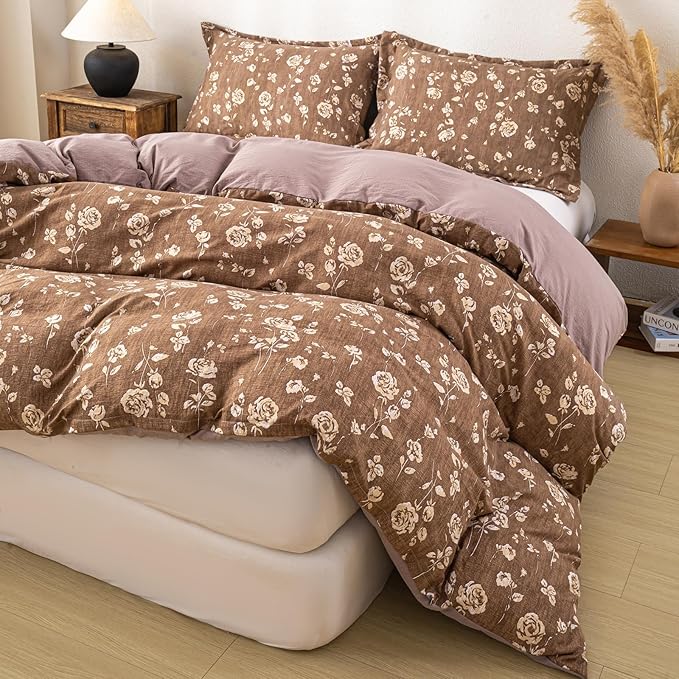 OAITE Brown Flower Twin Size Duvet Cover-3 Pieces Prewashed Cotton-Like - Image 5