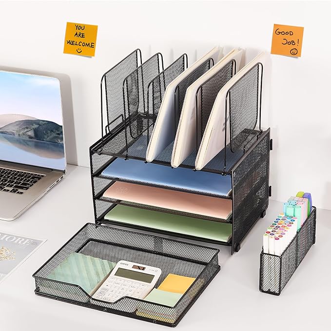 Desk Organizers and Accessories, 3-Tier Paper Organizer with 5 Vertical File Holders, File Organizer for Desk (Black With Drawer, 3T With Drawer)-DeskoryOffice