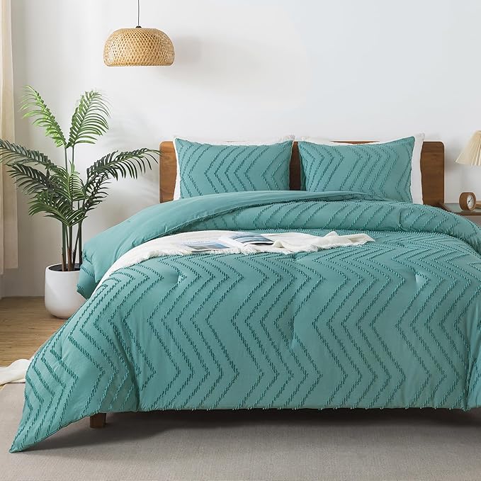 Andency Grayish Teal Comforter Set Queen Size, Boho Soft Warm Tufted Bedding by Andency