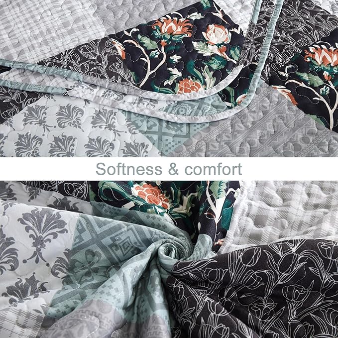 Xruibed Floral Plaid Patchwork Quilt Set Queen Size 3 Pieces Blue Gray - Image 6