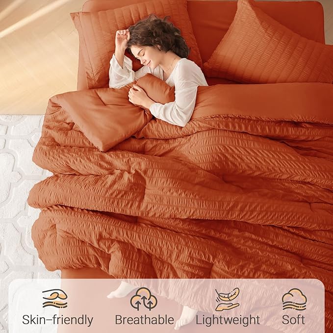 MUXHOMO 7 Pieces King Comforter Set, Seersucker Bed in a Bag King Size - Image 2