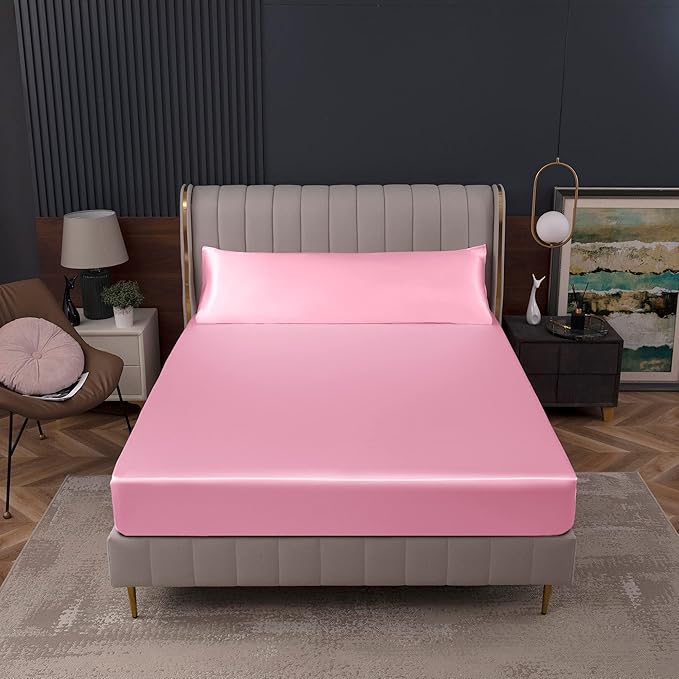 Homiest Pink Satin Fitted Sheet Queen Size, Deep Pocket, Luxury & Ultra Soft - Image 7