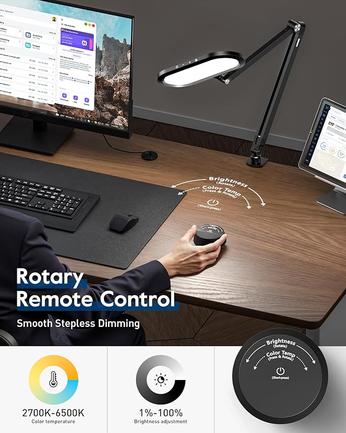 Desk Lamp for Home Office, Eye-Care Dual-Sided Seamless Dimmable LED Desk Light with Knob Remote, Adjustable Arm Clamp Computer Lighting for Video Conference Recording, Zoom Call, Task, Stream-DeskoryOffice