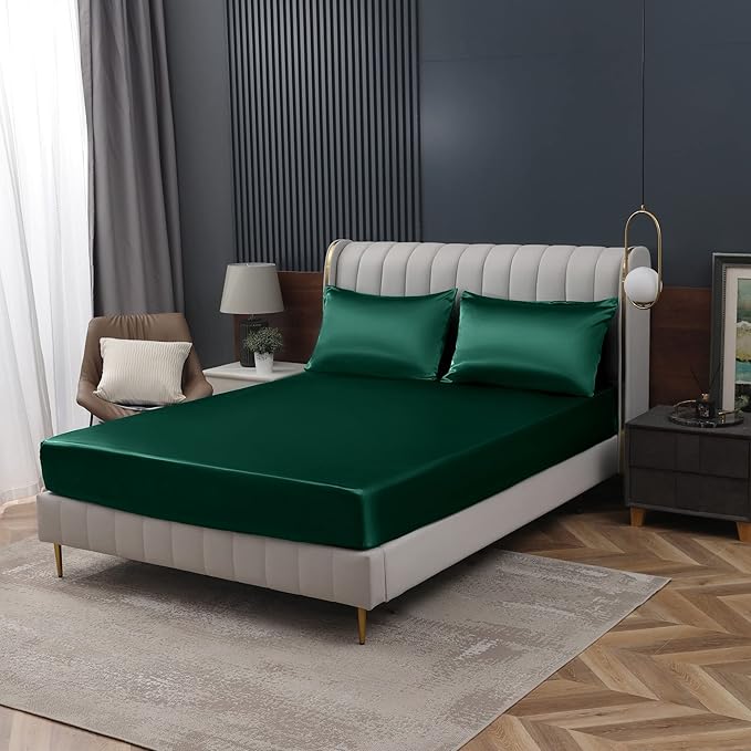 Homiest Blackish Green Satin Fitted Sheet Queen Size, Deep Pocket, Luxury & - Image 9