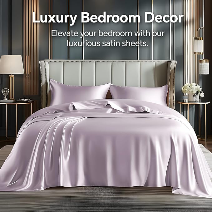 BEDELITE Satin Sheets Full Size Bed Set, Luxury Soft Lavender Silky Sheets - Image 2