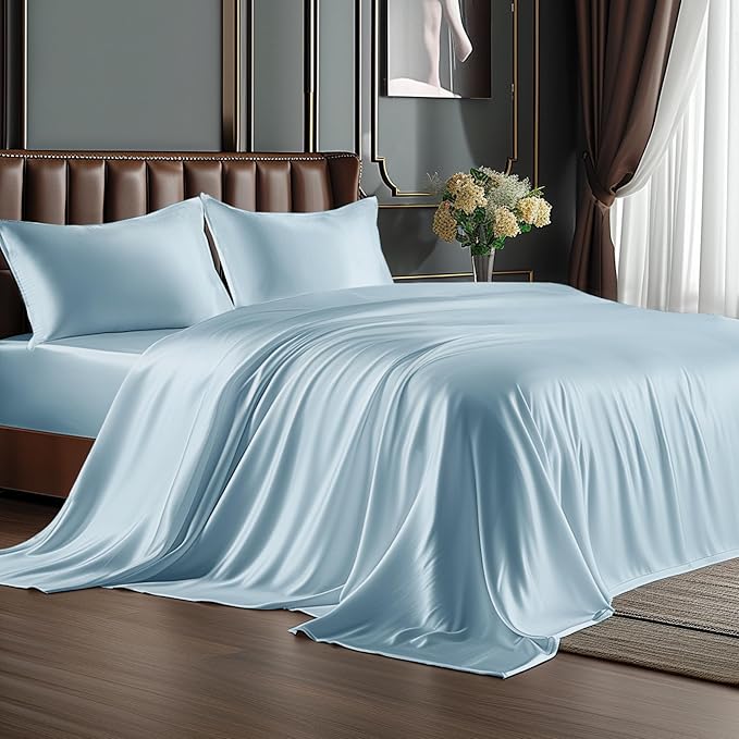 BEDELITE King Size Sheets Set, Luxury Soft Light Blue Satin Sheets by BEDELITE
