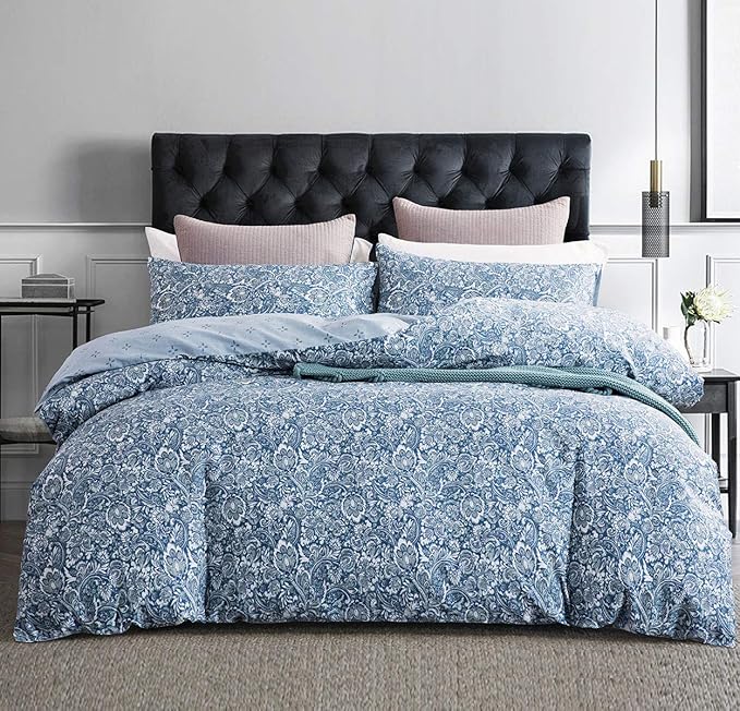 SLEEPBELLA Duvet Cover Queen, 600 Thread Count Cotton Blue & Green Paisley - Image 2