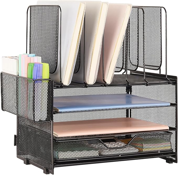 Desk Organizers and Accessories, 3-Tier Paper Organizer with 5 Vertical File Holders, File Organizer for Desk (Black With Drawer, 3T With Drawer)-DeskoryOffice