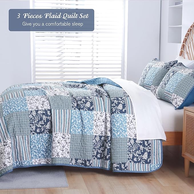 Mybedsoul Navy Blue Quilt Set Queen Size, 3 Pieces Plaid Floral Bedspread Set - Image 3
