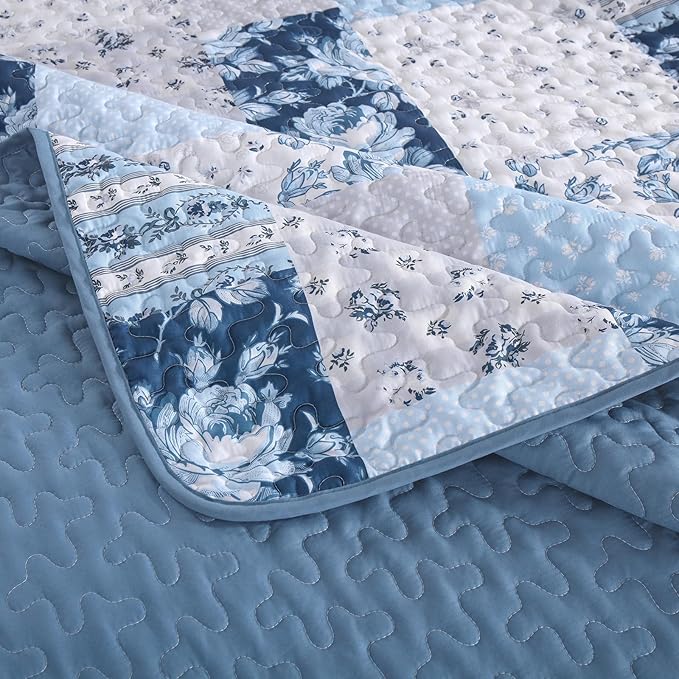 Anibedding Blue Patchwork Quilt Set Queen Size Boho Floral Plaid Bedspread - Image 5