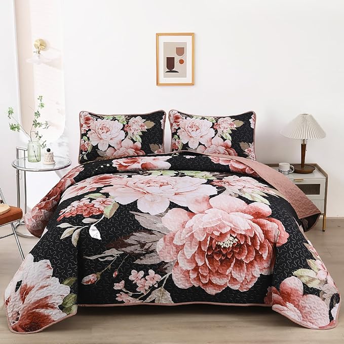 WONGS BEDDING Black Quilt Set Queen, 3 Pieces Pink Floral Bedspreads by WONGSBEDDING