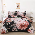 WONGS BEDDING Black Quilt Set Queen, 3 Pieces Pink Floral Bedspreads by WONGSBEDDING