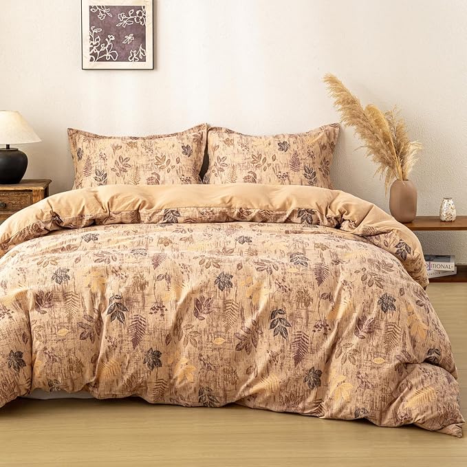 OAITE Brown Leaves Twin Size Duvet Cover-3 Pieces Prewashed Cotton-Like by OAITE