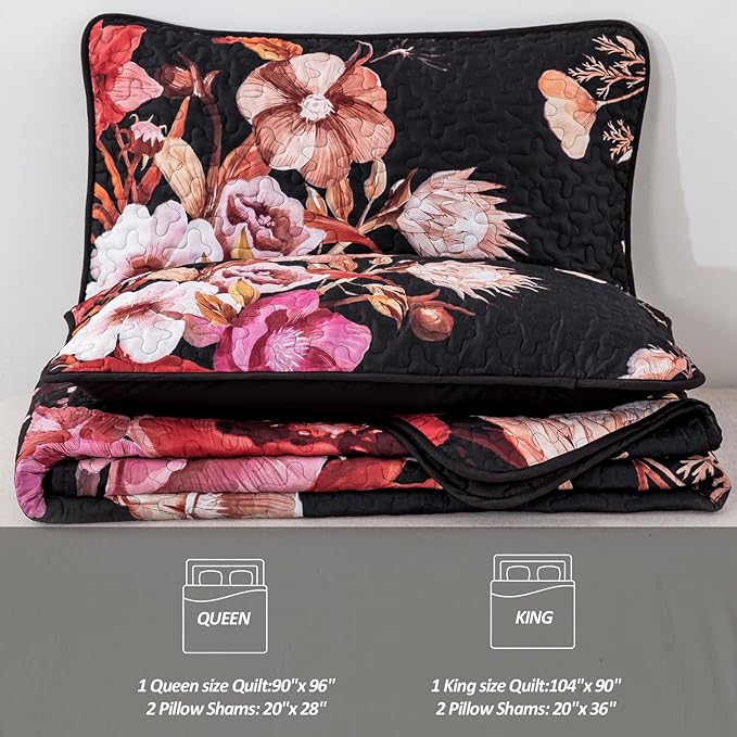 Floral Quilt Set Queen 3 Pieces Red Floral Quilt Coverlet Set Soft Microfiber - Image 7