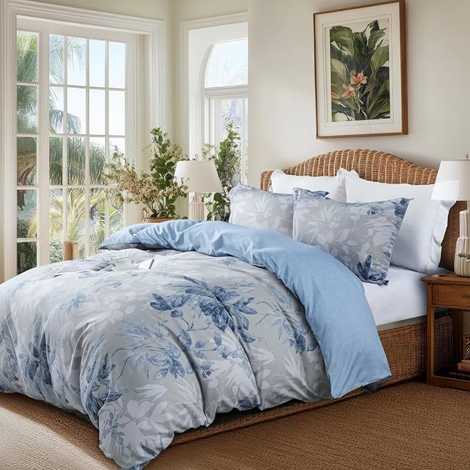 OAITE Duvet Cover Queen Size, Reversible Flower Blue Duvet Cover Set - Image 2