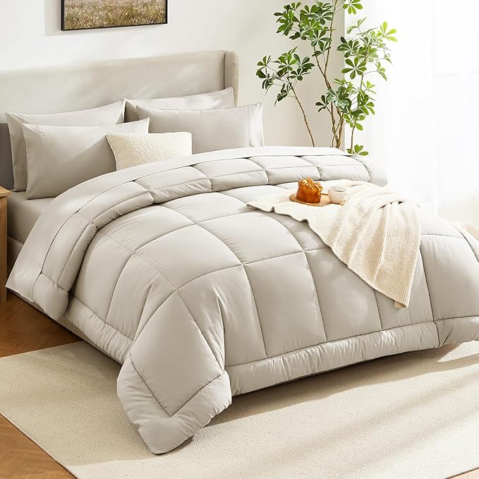 CozyLux Full Size Comforter Sets Oatmeal, 7 Pieces Bed in a Bag, Oatmeal - Image 8