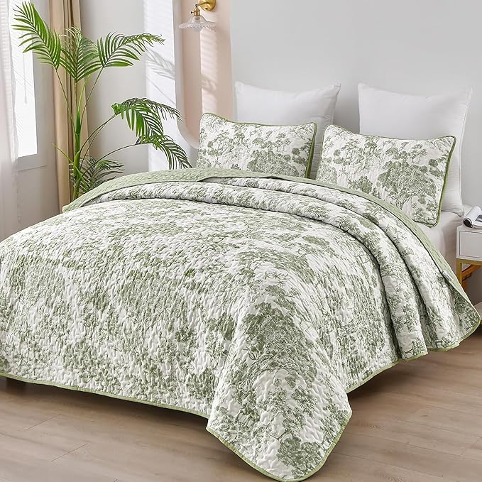 WONGS BEDDING Botanical Quilt Set Full Size, Sage Green 3 Pieces Toile Floral - Image 2