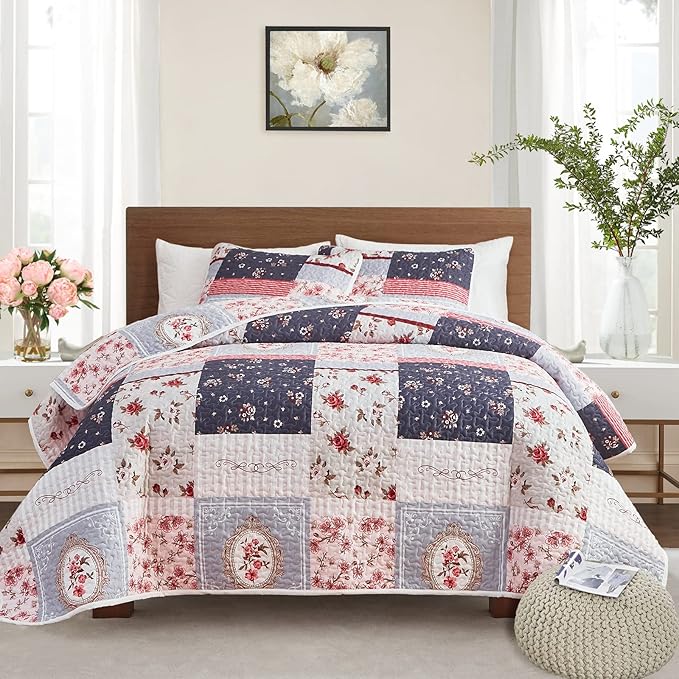 Patchwork Quilt Set Full/Queen Size, 3 Pieces Pink Purple Floral Plaid Summer by Flysheep