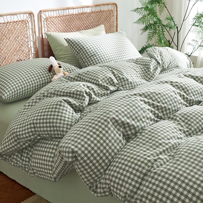 Nayoroom Gingham Duvet Cover King Size 100% Washed Cotton Green Plaid Checkered by Nayoroom