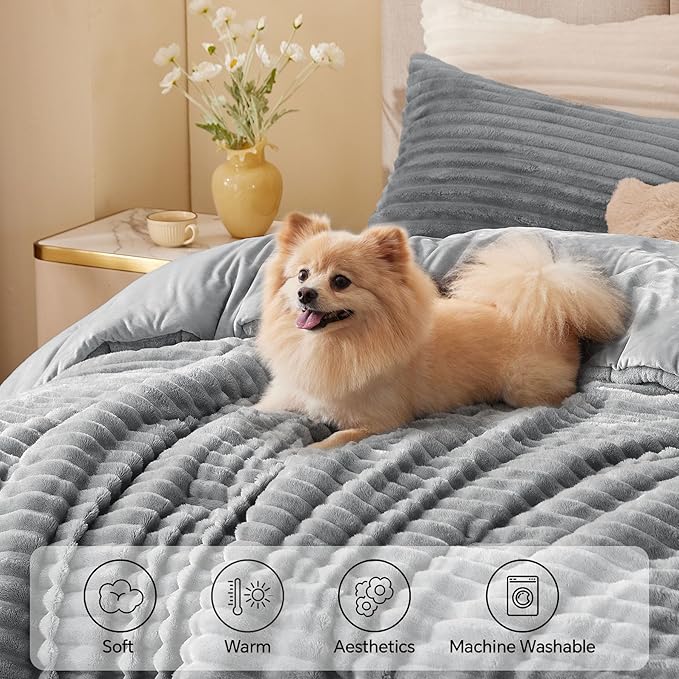 BEDELITE Fleece King Comforter Set -Super Soft & Warm Fluffy Light Grey Bedding - Image 3