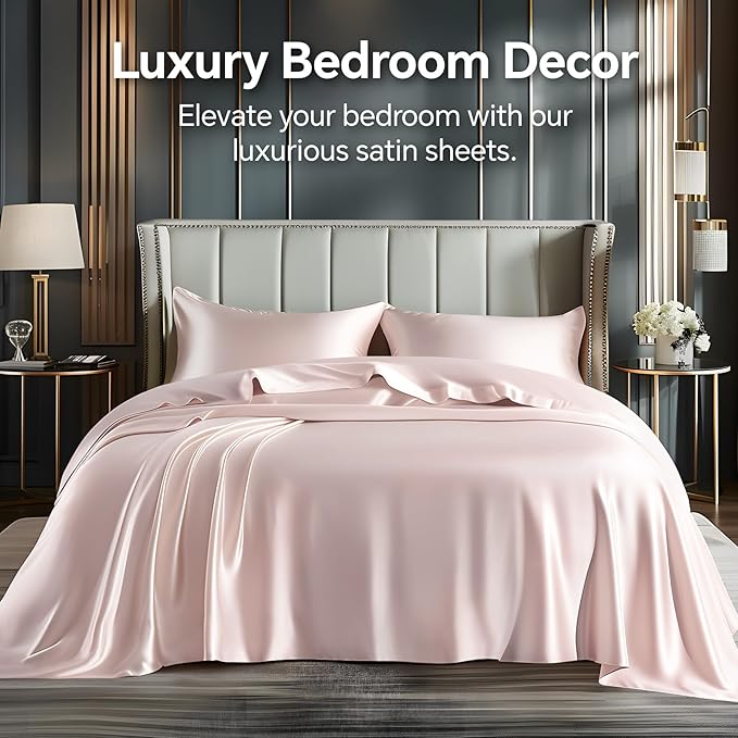 BEDELITE Satin Sheets Full Size Bed Set, Luxury Soft Pink Silky Sheets - Image 2