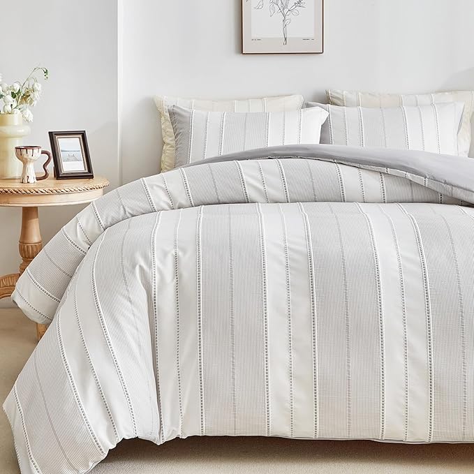 WARMDERN Light Grey Striped Weave Duvet Cover King Size, Microfiber Textured by WARMDERN
