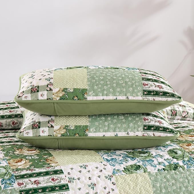 Anibedding Patchwork Quilt Set Queen Size Sage Green Floral Bedspread Coverlet - Image 9