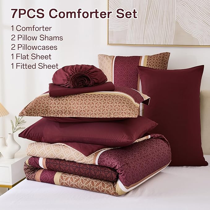 WONGS BEDDING Burgundy Comforter Set Queen Size, 7 Pieces Maroon Striped Bed in - Image 7
